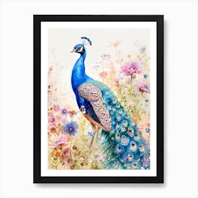 Peacock In A Floral Meadow Watercolour 1 Art Print