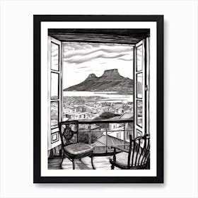 A Window View Of Cape Town In The Style Of Black And White  Line Art 2 Art Print