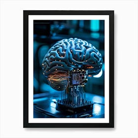 A Futuristic Ai Chip Represented By A Cybernetic Brain Pulsing With Life Adorned With Glowing Circu Art Print