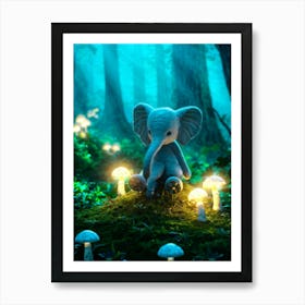 Turquoise Baby Elephant Seated Amidst Towering Luminescent Mushrooms Dappling Magical Light Circl Art Print