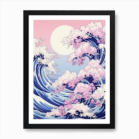 Great Wave With Lavender Flower Drawing In The Style Of Ukiyo E 2 Art Print