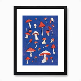 Mushroom explorers: blue nature scene filled with fungi Art Print