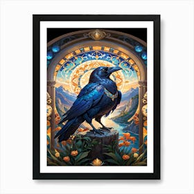 a large black crow sitting on top of a wooden stump Art Print