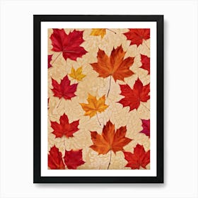 Autumn Themed Wallpaper Showcasing A Sun Drenched Group Of Maple Leaves In Varying Shades Of Red Or (6) Art Print