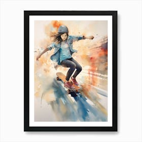 Girl Skateboarding In Austin, United States Watercolour 3 Art Print