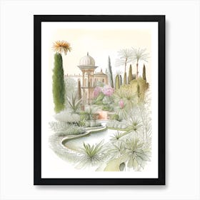 Gardens Of Alhambra, Spain Vintage Pencil Drawing Art Print