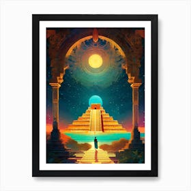 Chicken Itza Mayan Aztec Pyramid Mexican Temple - Moon Sun Eclipse Fantasy Fractals Psychedelic Chichén Itzá Cityscapes Wall Art Meditation Yoga Room Decor Mandala Art Print