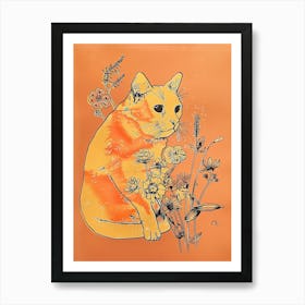 Cute Orange Cat With Flowers Illustration 3 Art Print