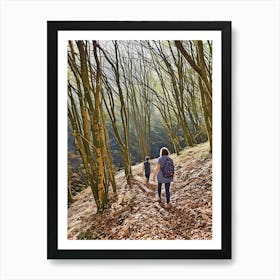 Autumn Walk in the Forest. Walking along a leaf-covered path in a dense forest. The trees are tall and their branches form a canopy overhead, with sunlight filtering through the leaves, creating a serene and picturesque scene. 2 Art Print