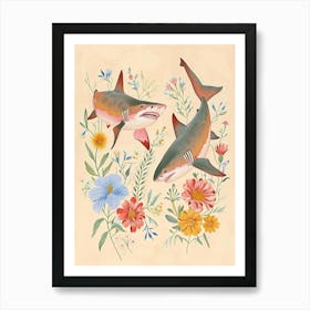 Folksy Floral Animal Drawing Shark 2 Art Print