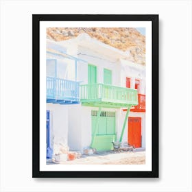 Milos, Greece I White architecture in the colorful fishing village of Klima facing Mediterranean Sea with its minimalist geometric composition in a summer blue green and red pastel aesthetic colors Art Print