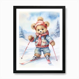 Skiing Teddy Bear Painting Watercolour 3 Art Print
