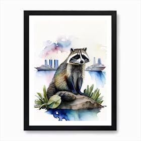 Raccoon And Boats Watercolour Art Print
