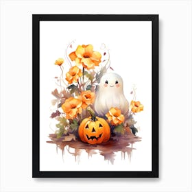Cute Ghost With Pumpkins Halloween Watercolour 119 Art Print