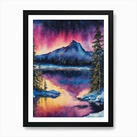 The Northern Lights - Aurora Borealis Rainbow Winter Snow Scene of Lapland Iceland Finland Norway Sweden Forest Lake Watercolor Beautiful Celestial Artwork for Home Gallery Wall Magical Etheral Dreamy Traditional Christmas Greeting Card Painting of Heavenly Fairylights 4 Art Print