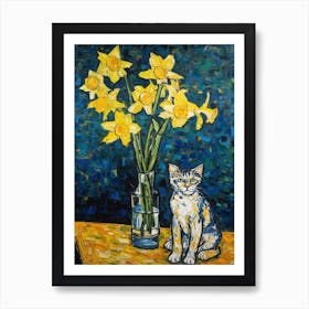 Still Life Of Daffodils With A Cat 1 Art Print