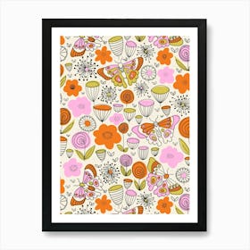 Butterflies in the Garden Doodle Line Art Pink, Yellow, Orange, on White Art Print