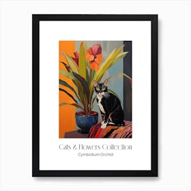 Cats & Flowers Collection Cymbidium Orchid Flower Vase And A Cat, A Painting In The Style Of Matisse 2 Art Print