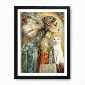 Cat And A Woman Art Print