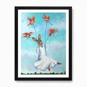 Rabbit On Swing With Birds Poster