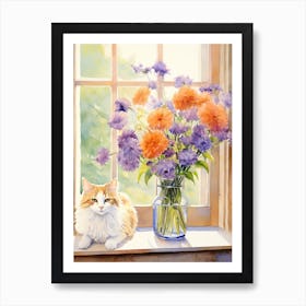 Cat With Daises Flowers Watercolor Mothers Day Valentines 6 Art Print