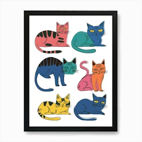 Colourful Cats Illustration Poster Retro Modern Cute Cartoon Art Print