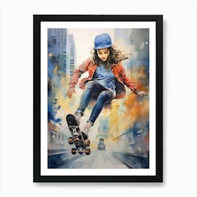 Girl Skateboarding In Toronto, Canada Watercolour 4 Art Print