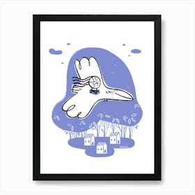 Girl flying with bird over the city Art Print