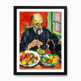 Portrait Of A Man With Cats Eating A Salad  2 Art Print