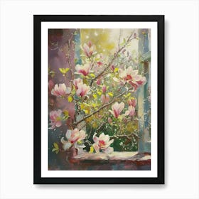 Magnolia Flowers On A Cottage Window 2 Art Print