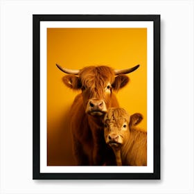 Yellow Photographic Portrait Of Highland Cow And Calf 2 Art Print