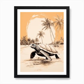 Warm Tones Of Sea Turtle With Palm Trees Art Print