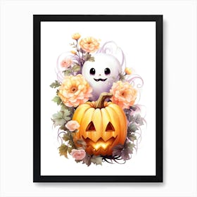 Cute Ghost With Pumpkins Halloween Watercolour 23 Art Print