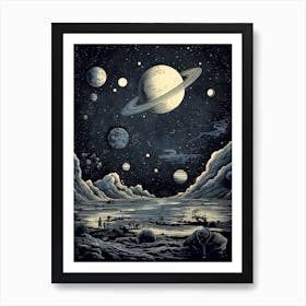 Solar System And Moon Etching Style Art Print