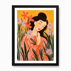 Woman With Autumnal Flowers Gladiolus 1 Art Print