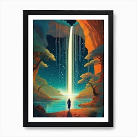 Legend Of The Waterfall - Trippy Abstract Cityscape Iconic Wall Decor Visionary Psychedelic Fractals Fantasy Art Cool Full Moon Third Eye Space Sci-fi Awesome Futuristic Ancient Paintings For Your Home Gift For Him Art Print
