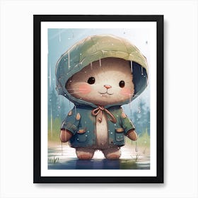 Happy Bunny In The Rain Illustration 3watercolour Art Print