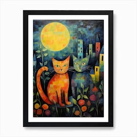 Two Cats In A Garden At Night In Front Of A Medieval Village Art Print