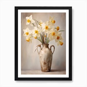 Daffodil, Autumn Fall Flowers Sitting In A White Vase, Farmhouse Style 3 Art Print