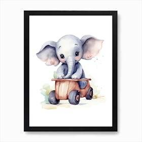 Baby Elephant On Toy Car, Watercolour Nursery 2 Art Print