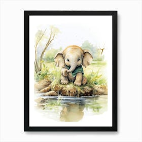 Elephant Painting Fishing Watercolour 1 Art Print