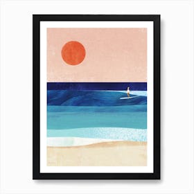 Sunset Surf Girl, Modern Beach Geometric Travel Poster Art Print