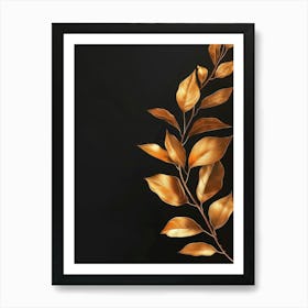 Golden Leaves On Black Background 3 Art Print
