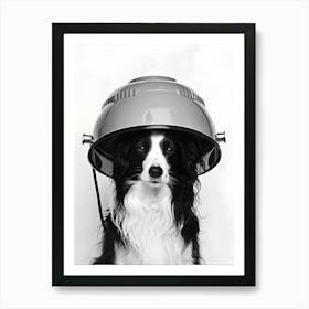 Dog Is Sitting Under The Hood Of An Electric Style Hair Dryer Art Print