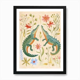 Folksy Floral Animal Drawing Crocodile Art Print