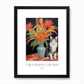 Cats & Flowers Collection Lily Flower Vase And A Cat, A Painting In The Style Of Matisse 2 Art Print