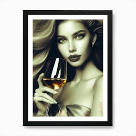 Green Eyed Girl With A Glass Of Golden Wine Art Print