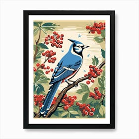 Vintage Bird Linocut Blue Jay 7 Art Print