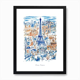 France Paris Eiffel Tower Illustration Line Art Travel Blue Art Print