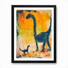 Dinosaur & Dog Orange & Blue Art Print